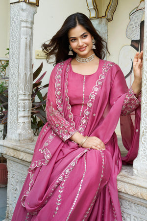 Star Georgette Long Gown with Dupatta for Women Pink