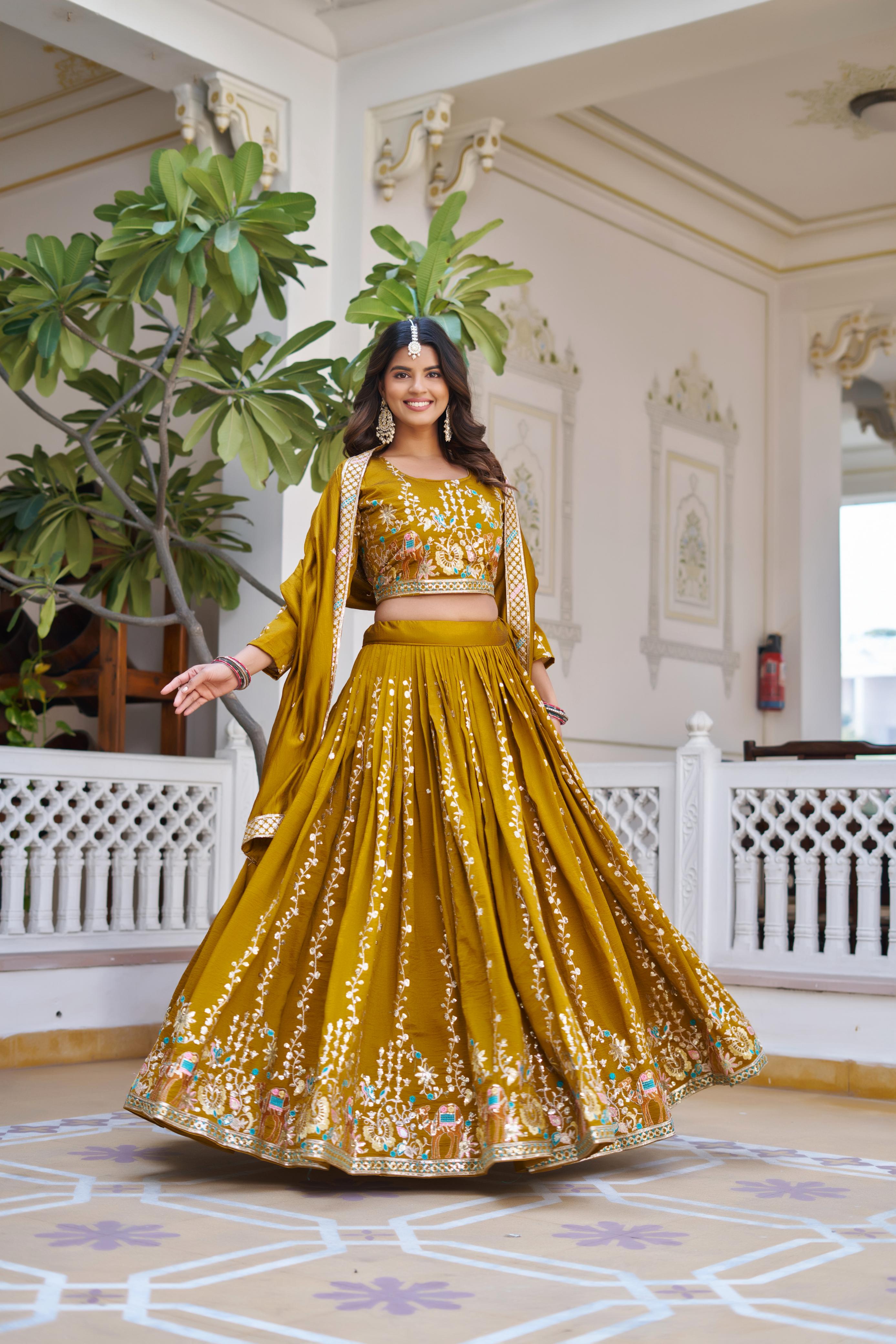 mustard Designer Vichitra silk lehenga choli with heavy embroidery