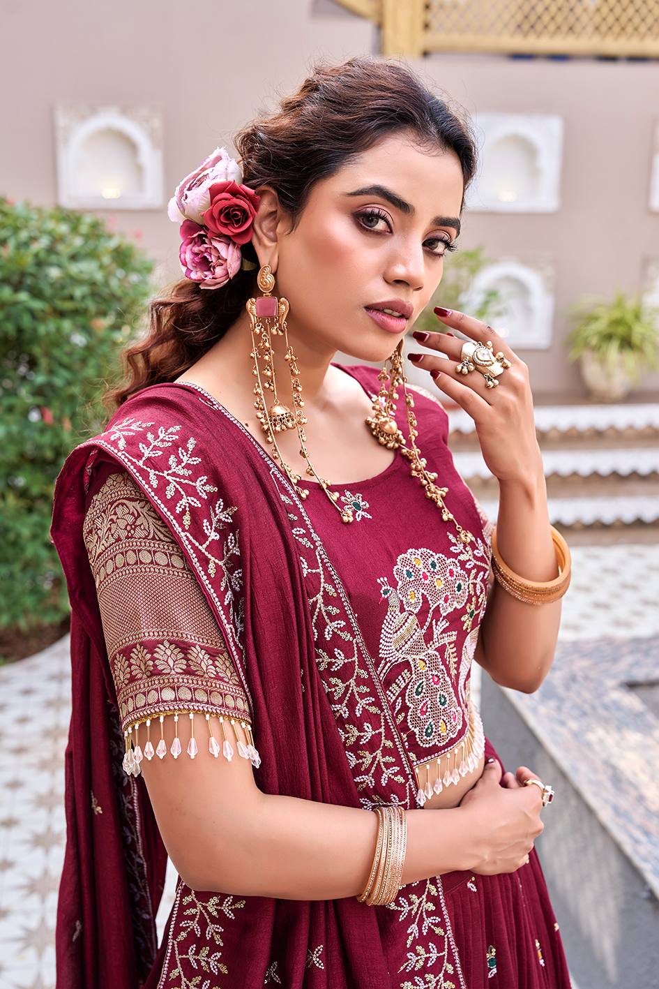 maroon embroidered lehenga choli set
