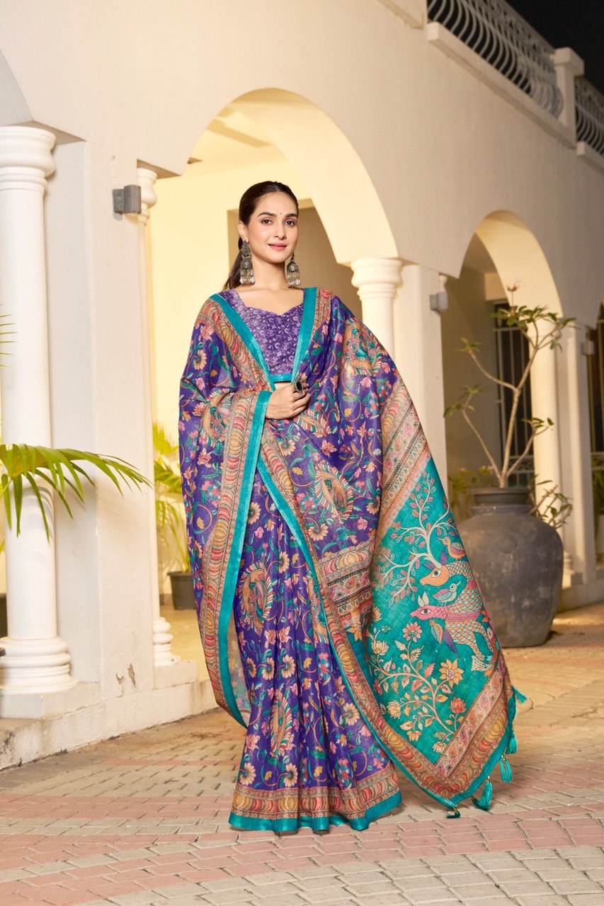 Royal purple handloom saree with peacock floral print