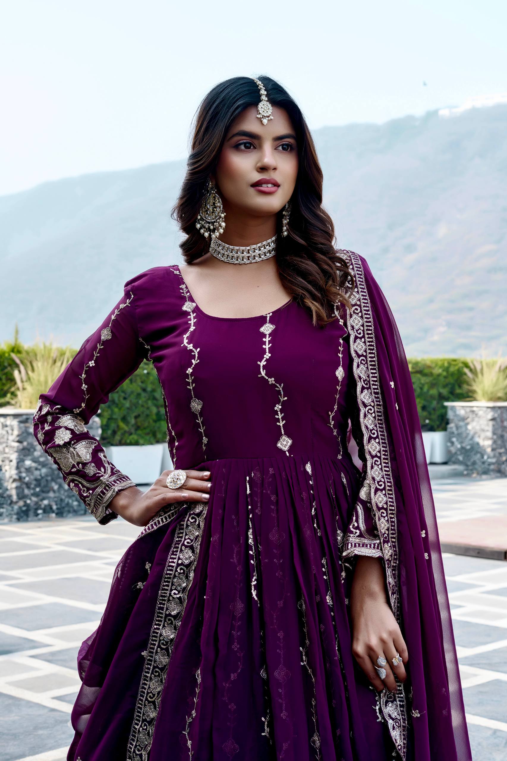 Wine purple fox georgette embroidered long gown