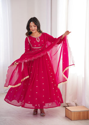Pink embroidered georgette gown with dupatta