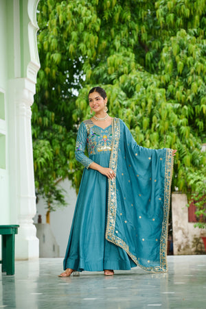 Vichitra Silk gown front view with zari and thread work