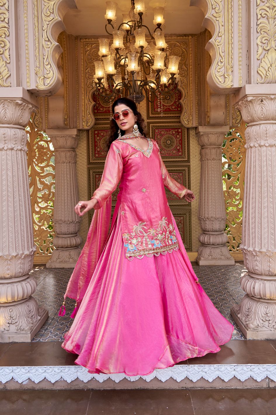 pink embroidered lehenga kurti set