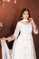 Designer White Anarkali Suit with sequins and thread embroidery for women