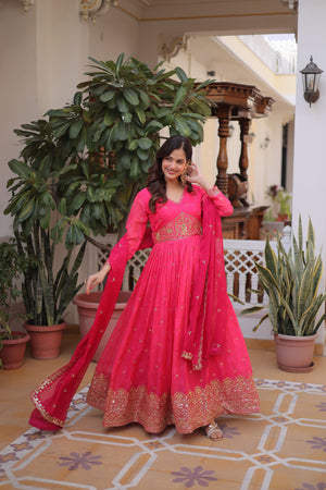 Pink Russian silk designer Anarkali gown with embroidery