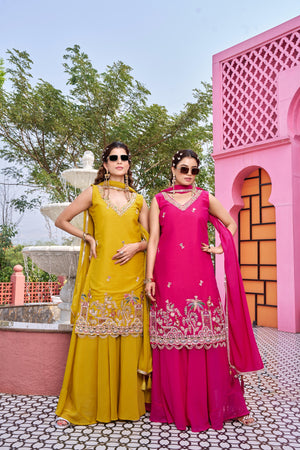 Designer rani pink kurti set with moti work