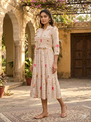 Gingham print kurti with floral detailing for women