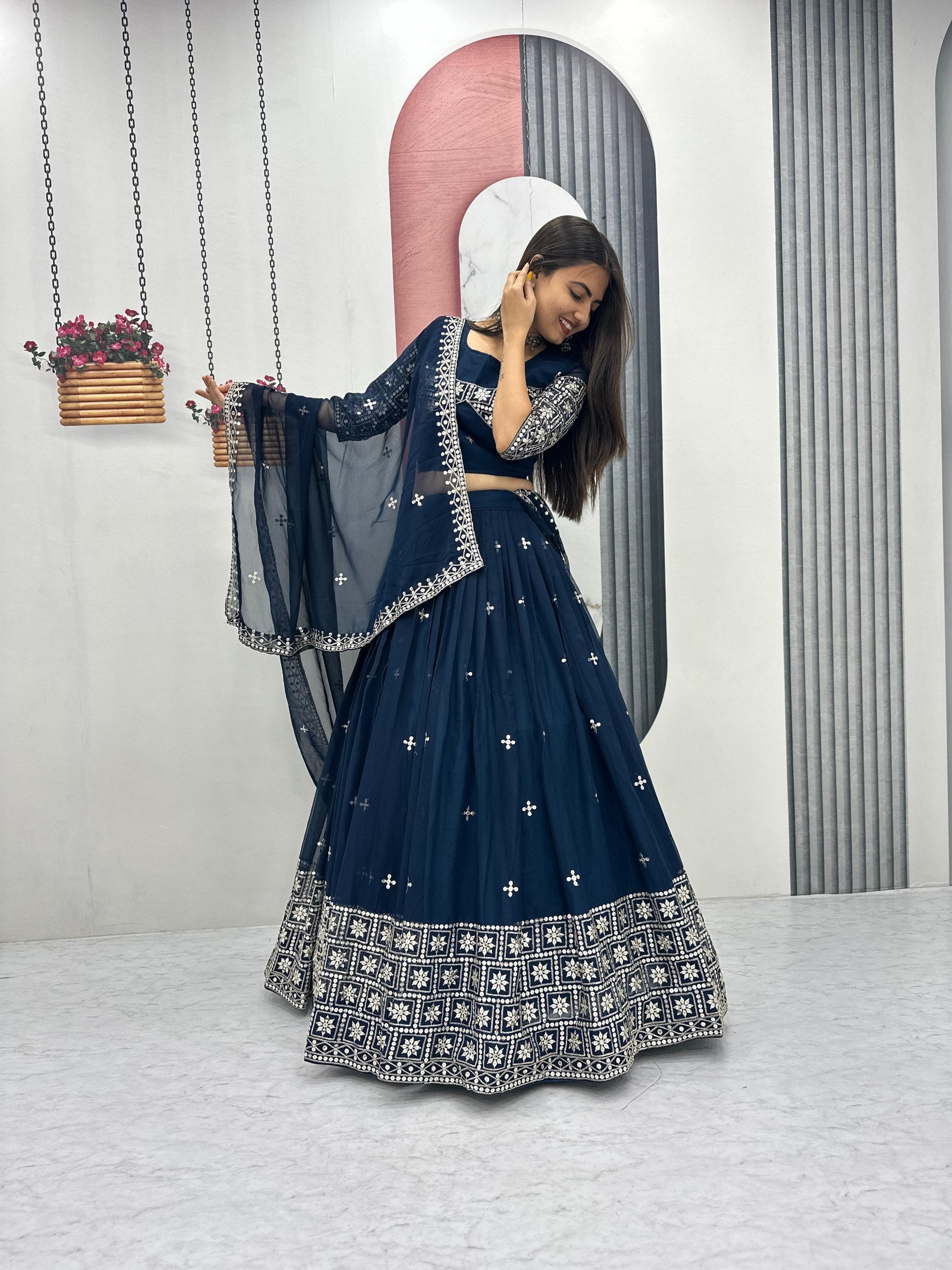 Navy blue embroidered lehenga choli festive wear