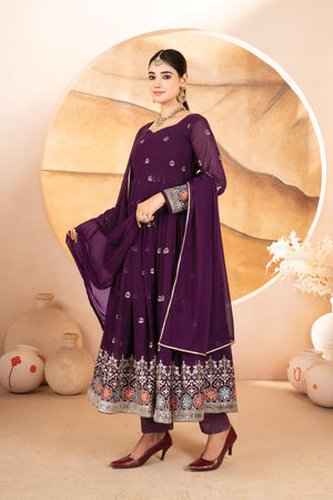 Purple embroidered Anarkali gown with dupatta