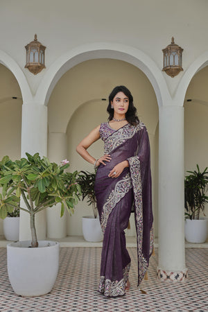 Silver Crunchi embroidered saree in plum purple
