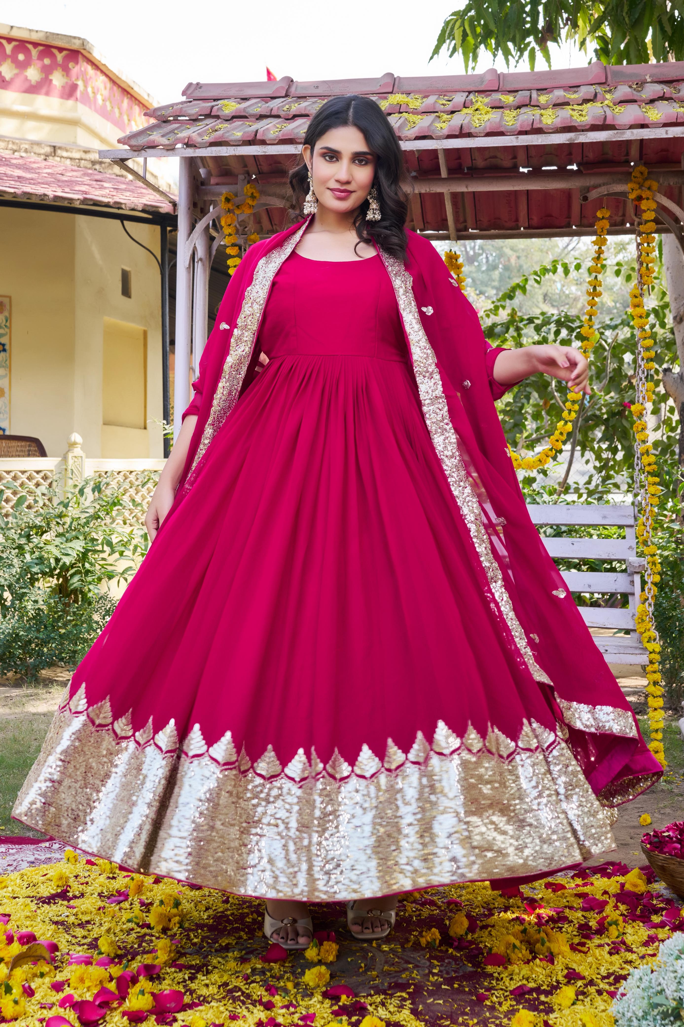 Pink faux georgette sequin embroidered gown front view