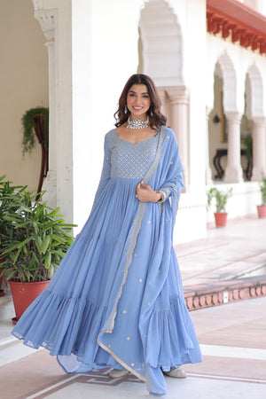 Sky Blue Faux Georgette Gown with Dupatta