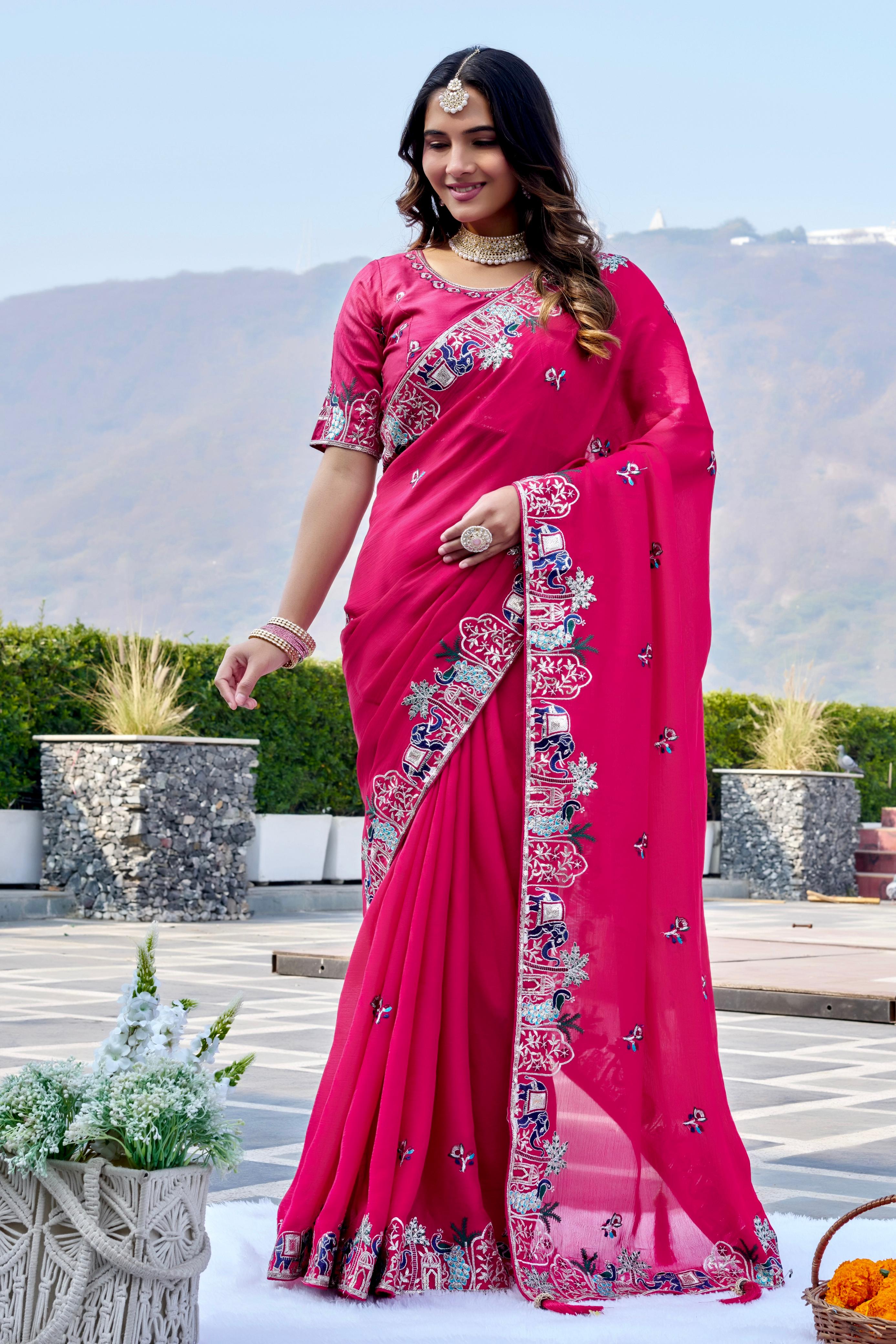 Pure satin chiffon embroidered saree with latkan work