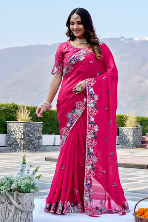 Pure satin chiffon embroidered saree with latkan work