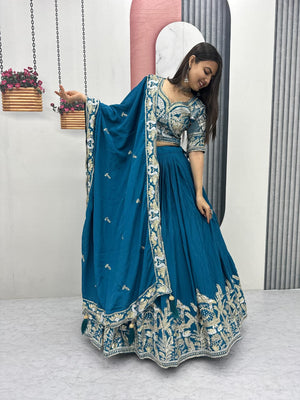 Teal blue chinon lehenga with heavy embroidery