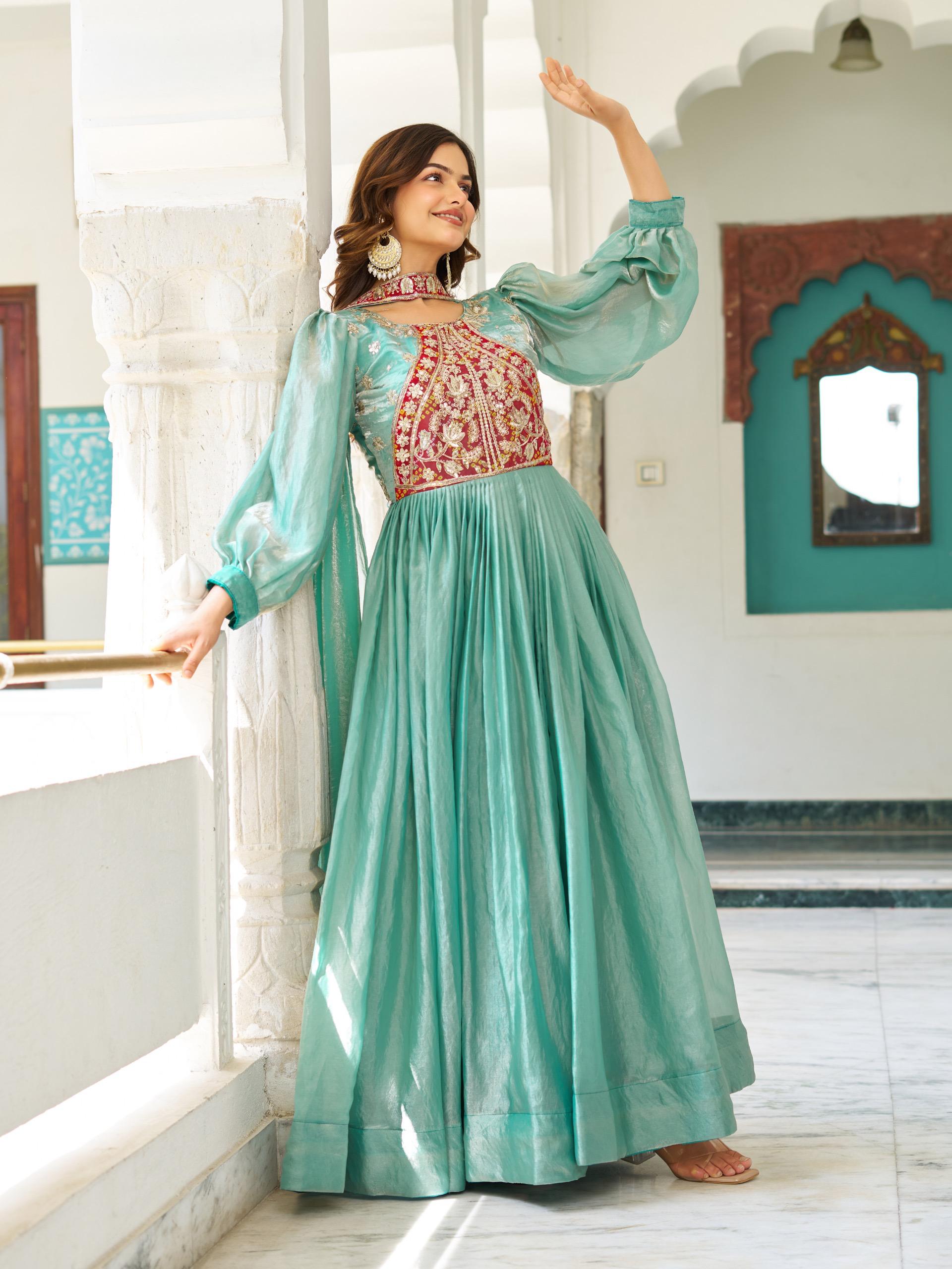 Mint green gown with matching dupatta