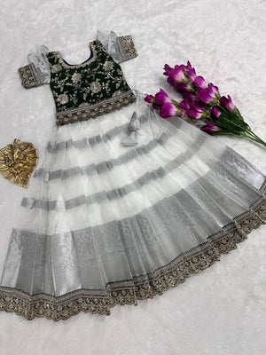 Kids Lehenga for Girls in White Silver Nylon Silk