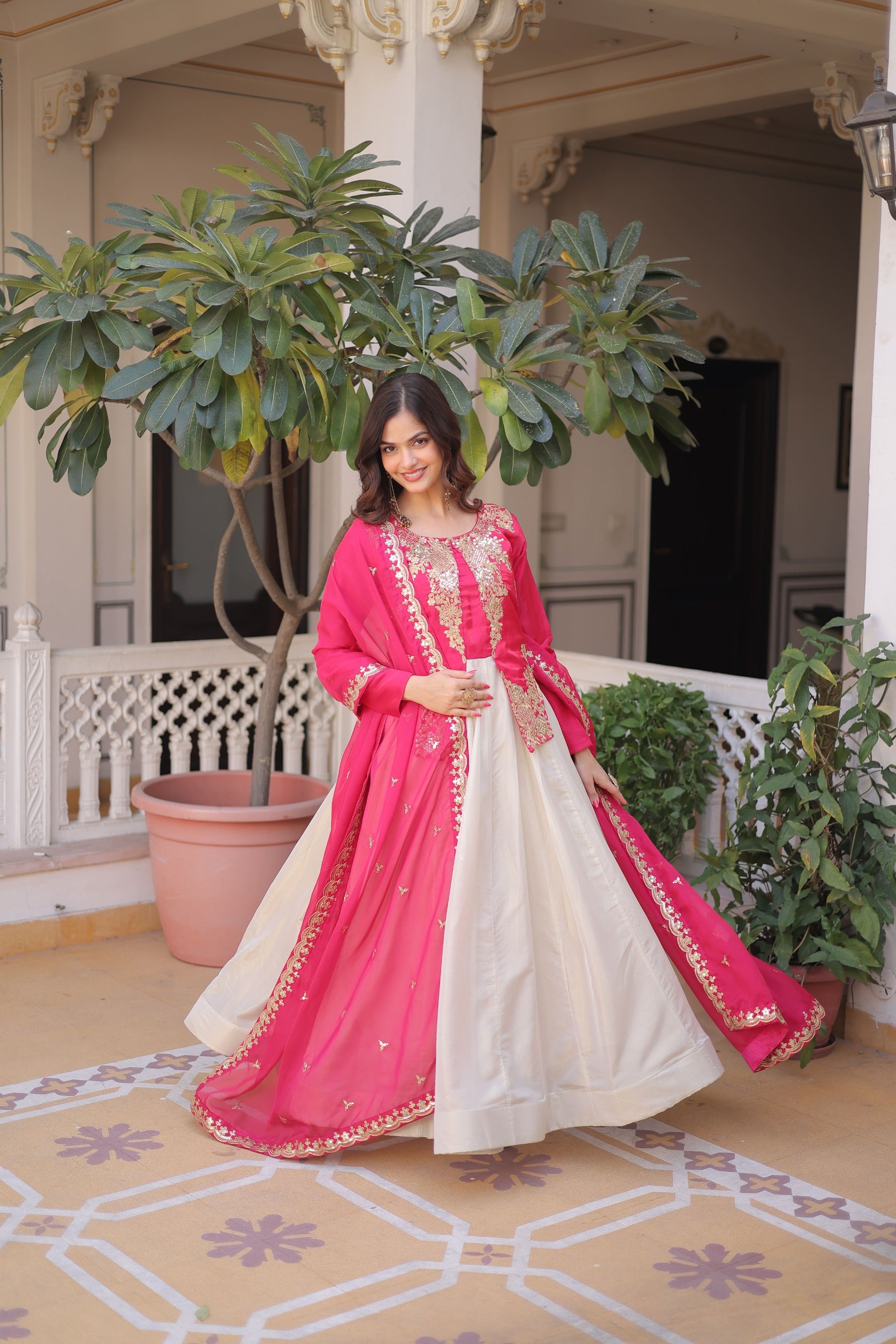 Pink glass roman embroidered flared gown