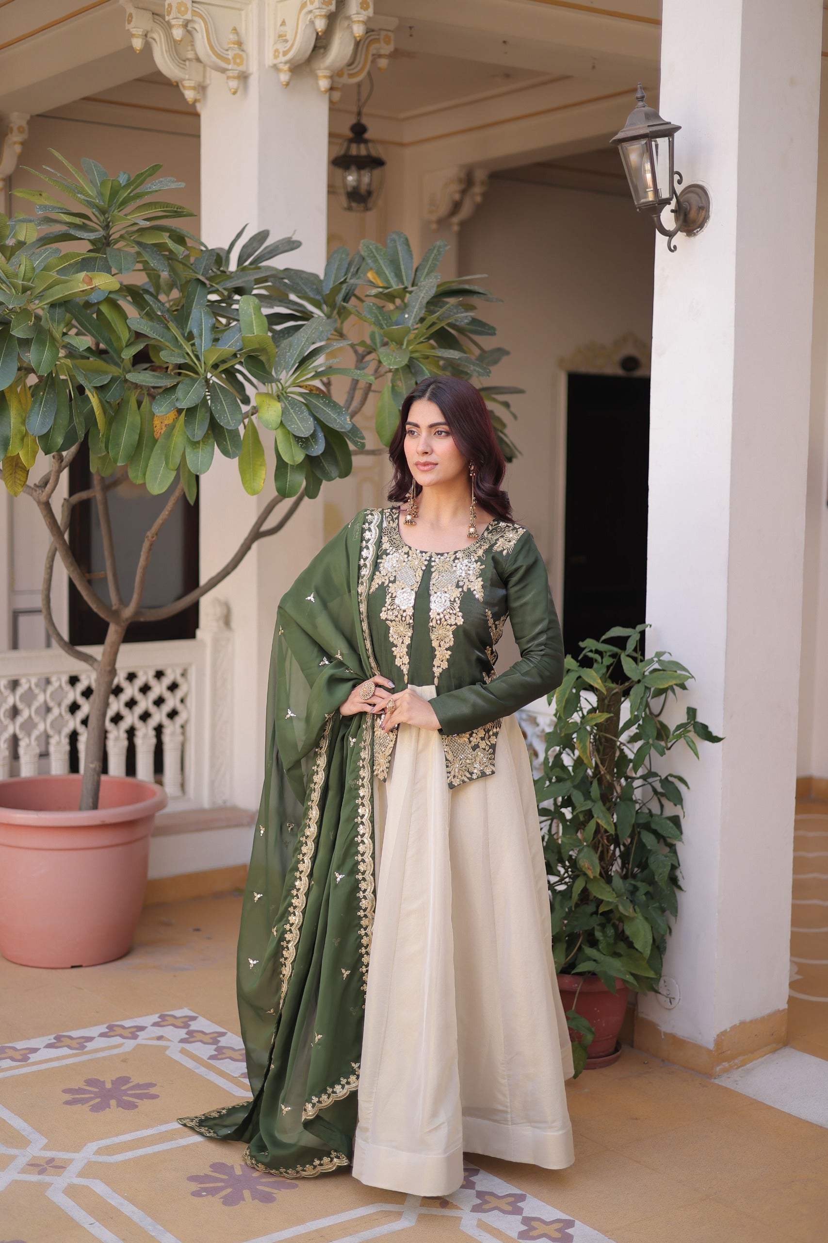 Wedding wear gown with tabby silk dupatta