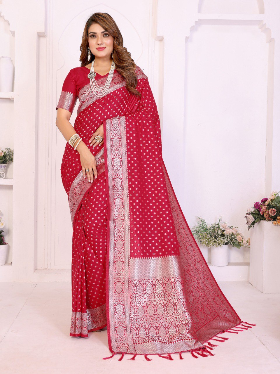 Woman wearing a red saree with white patterns in a white room.