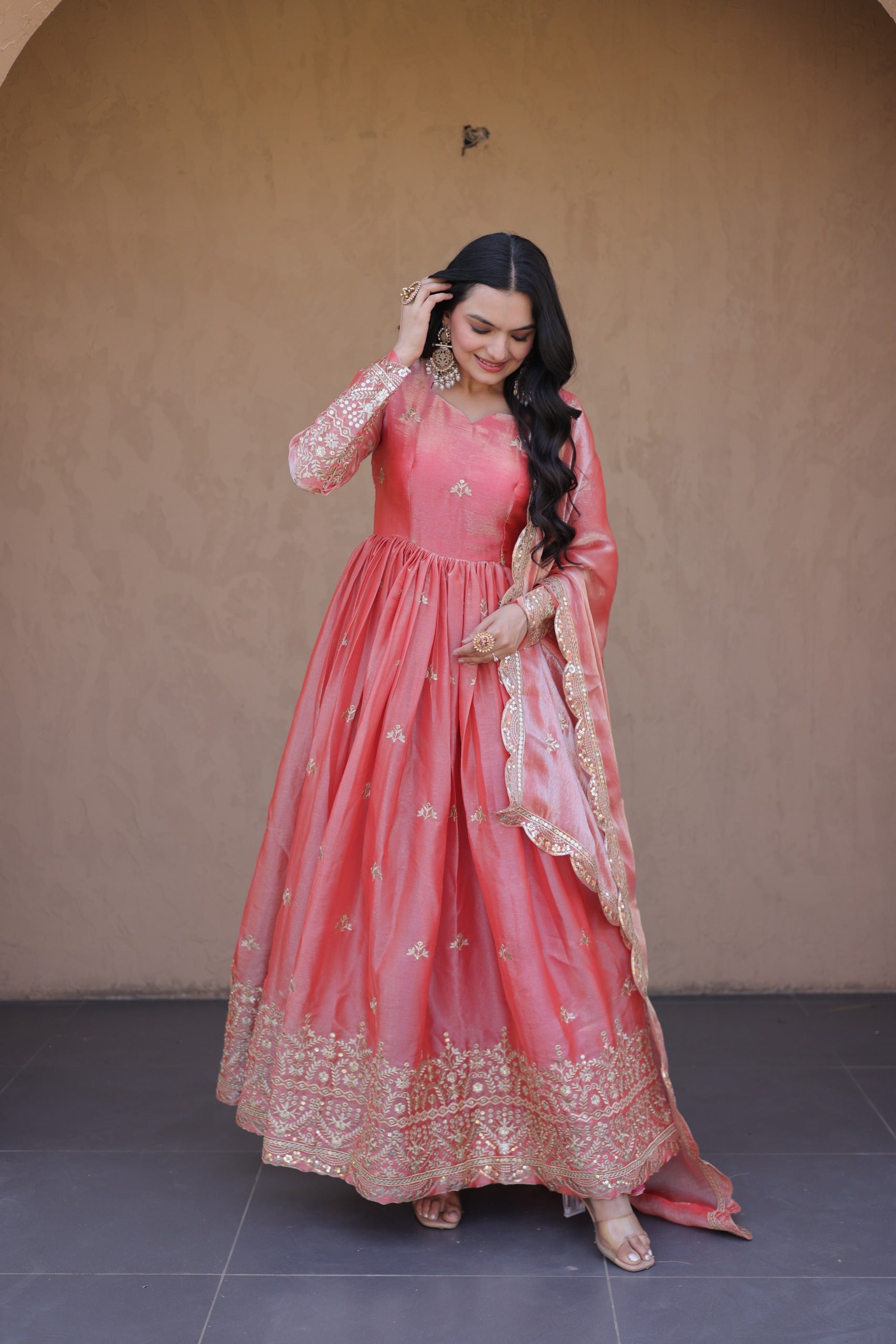 Heavy Zari Work Fendi Silk Gown Online