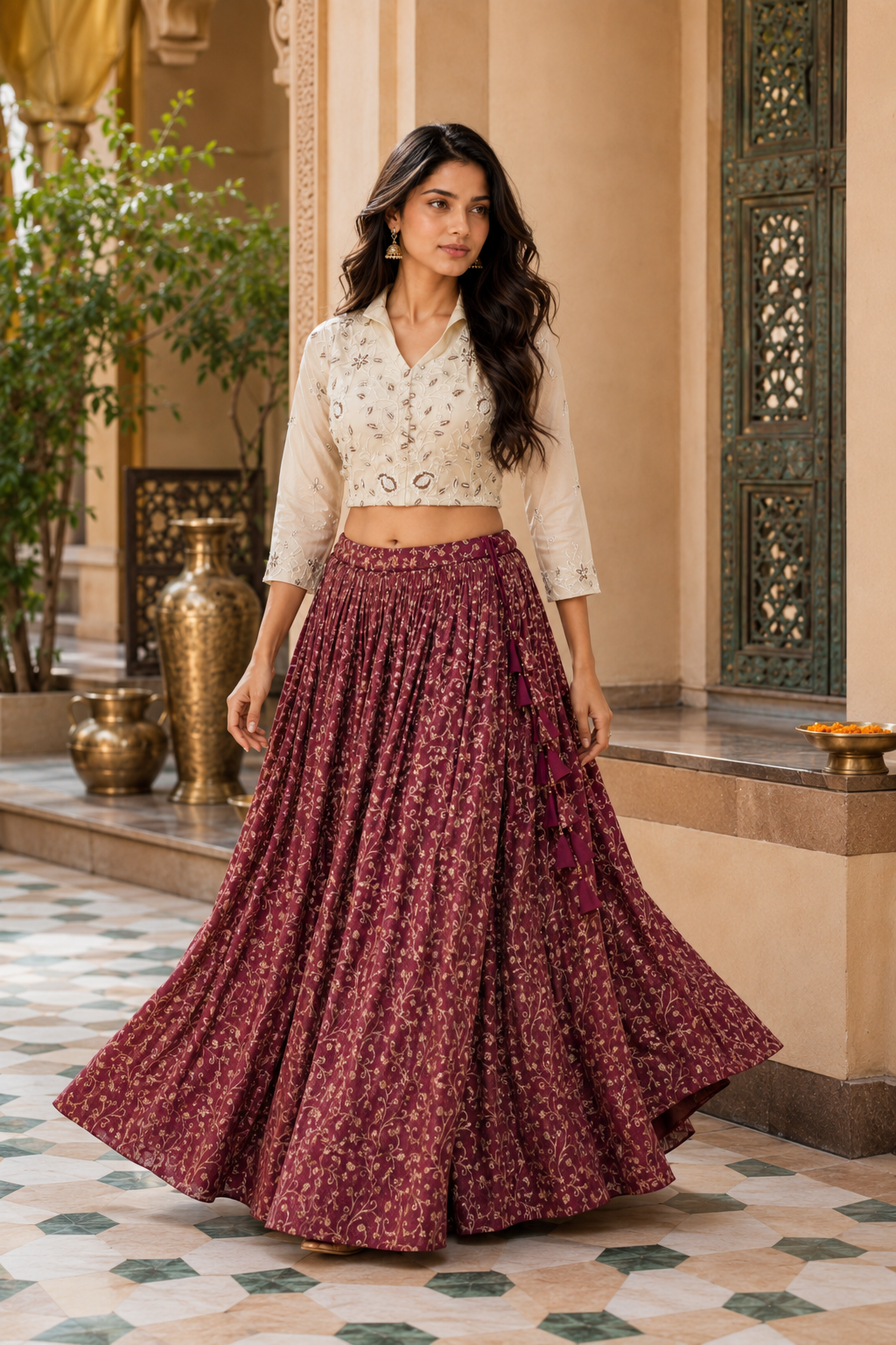 Wine maroon Cosmos Jacquard lehenga choli