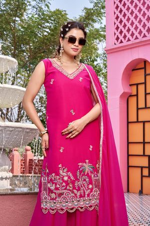 Festive rani pink kurti plazzo with dupatta