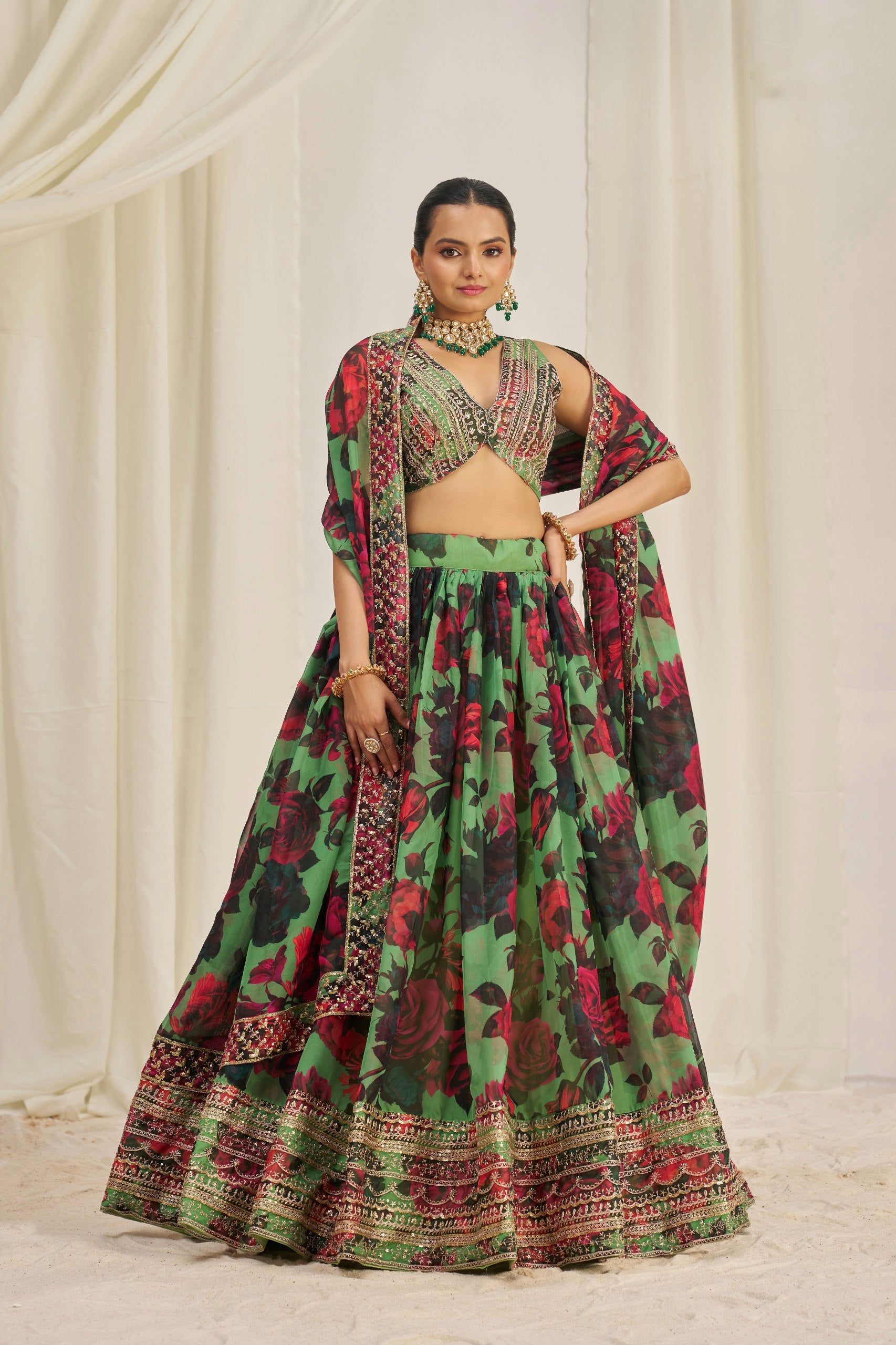 Green organza lehenga with floral print and zari work – full view