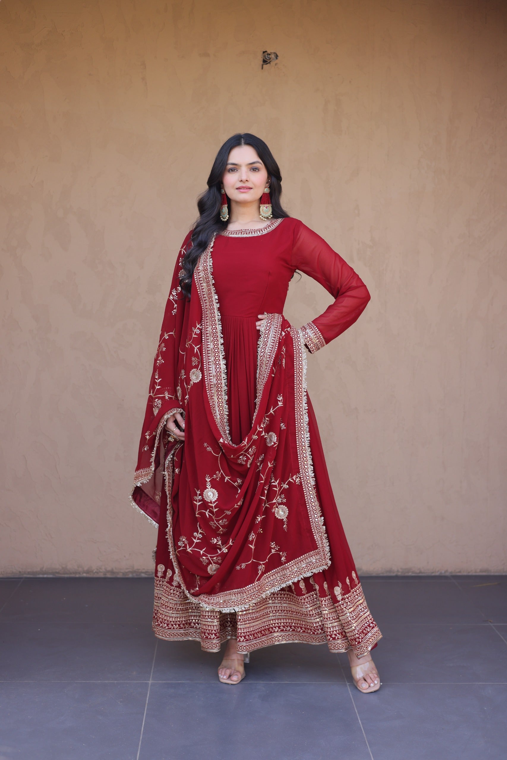 Party wear maroon anarkali gown online 2026