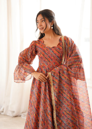 Designer Floral Print Organza Gown with Dupatta