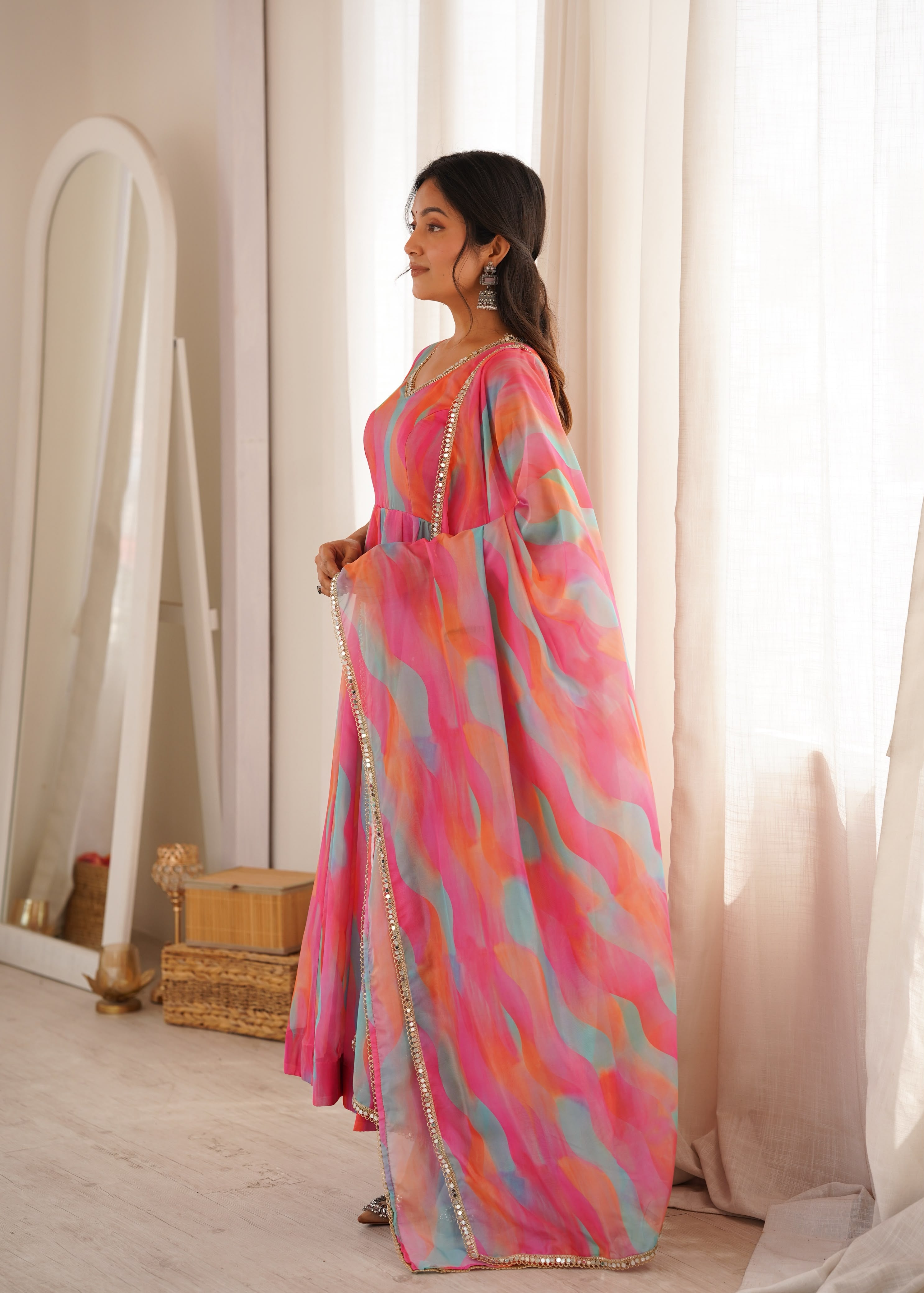 Designer Pastel Multicolor Festive Gown with Dupatta