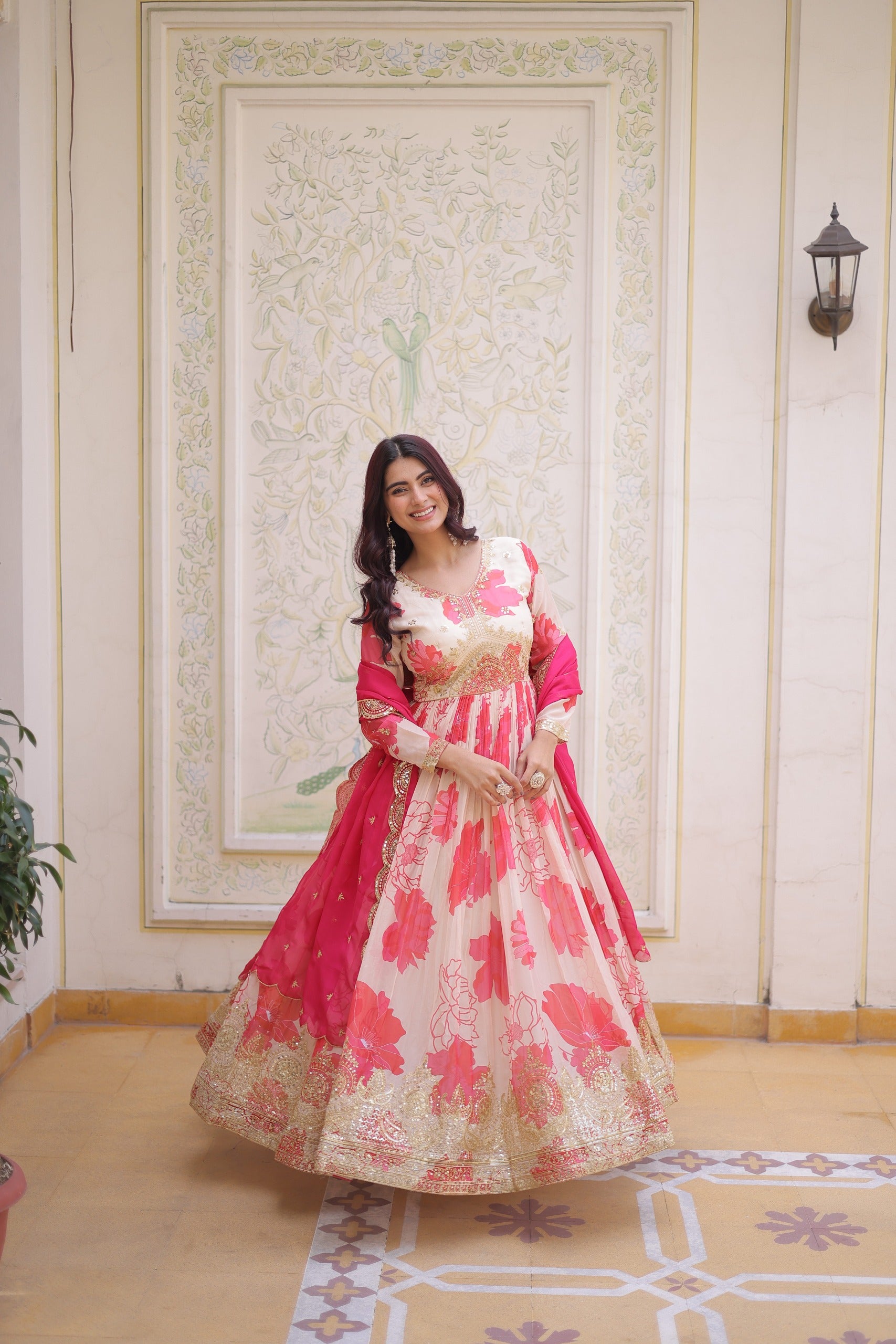 Designer pink embroidered gown for women