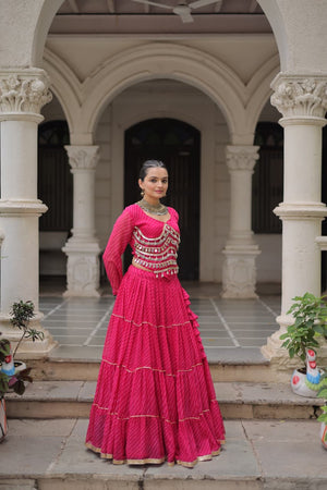 Pink Leheriya Lehenga Choli with Mirror Work