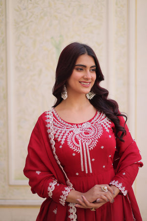 Designer red gown with beads embroidery