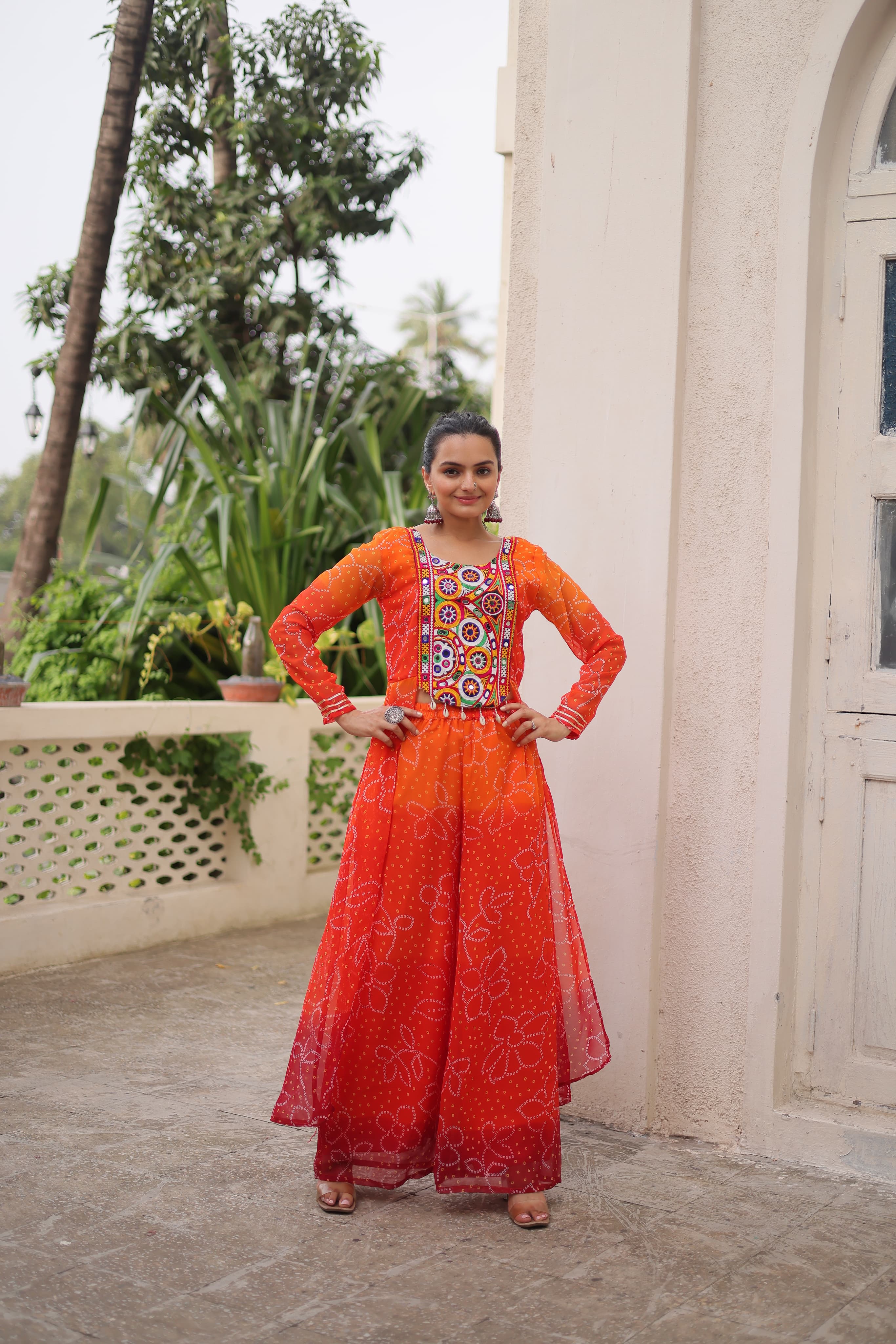 Bandhani palazzo suit with patchwork design

