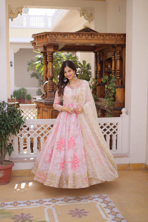 Pink Russian silk embroidered gown with dupatta for women