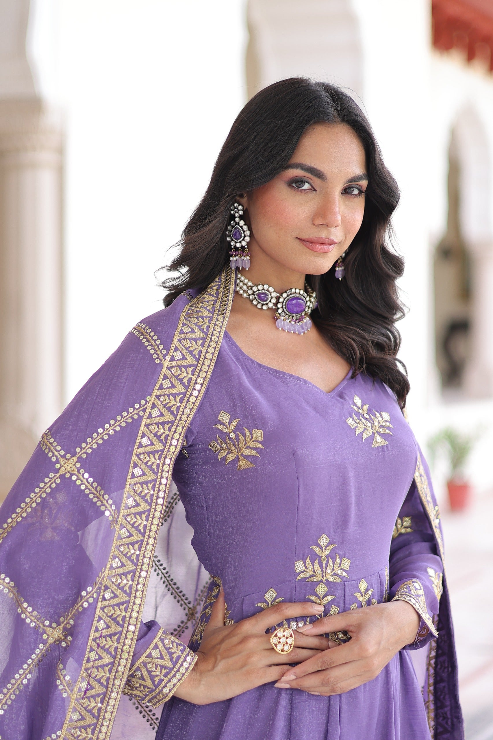 Purple gown with dupatta and bottom