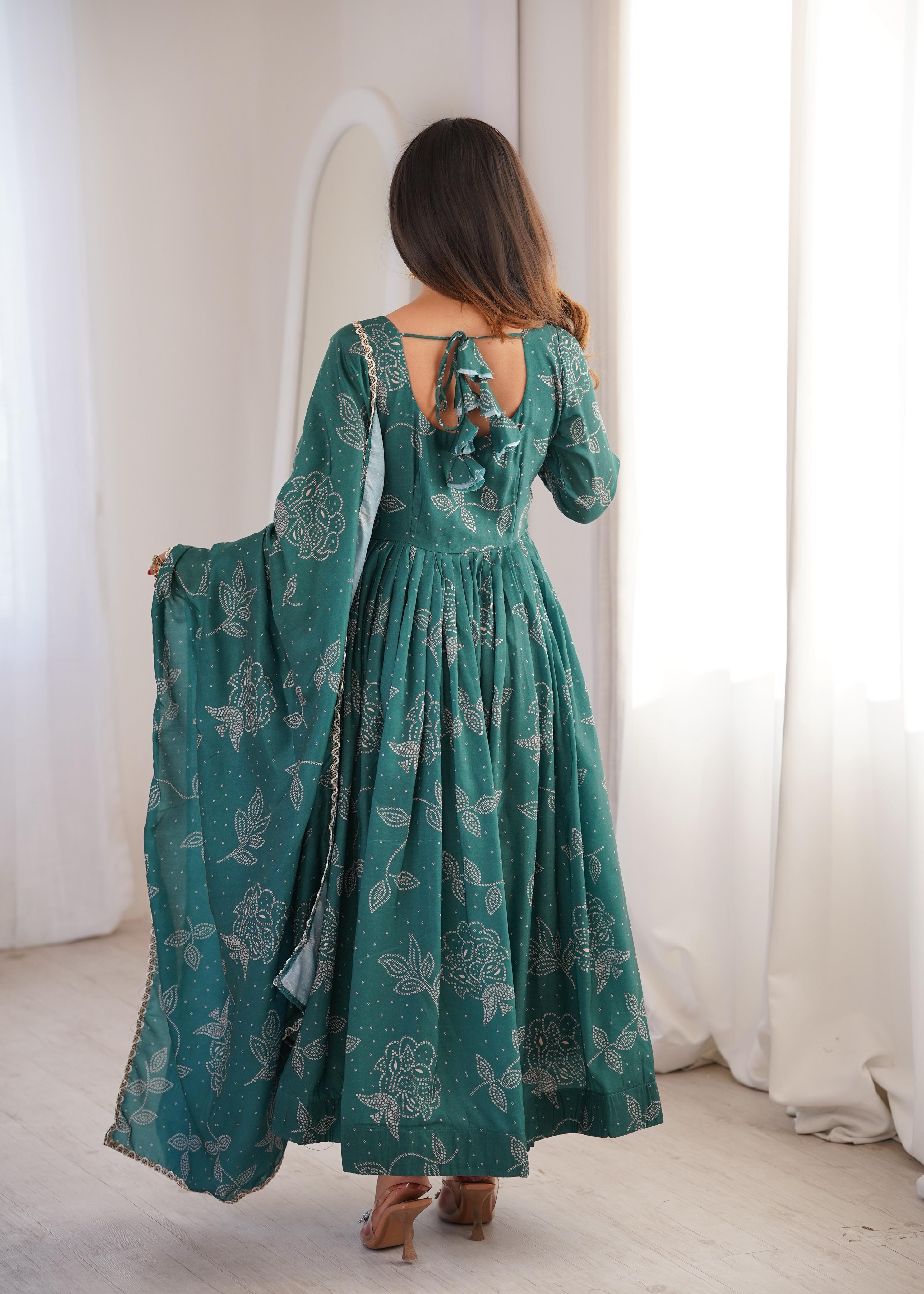 Floral printed green Anarkali dress for women