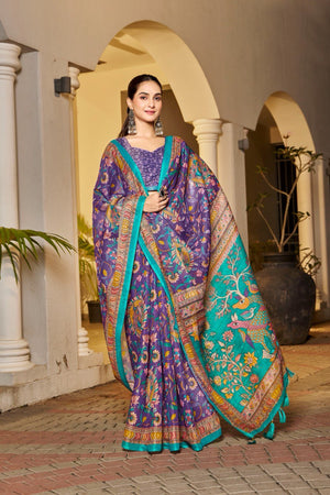 Peacock motif handloom saree with teal pallu