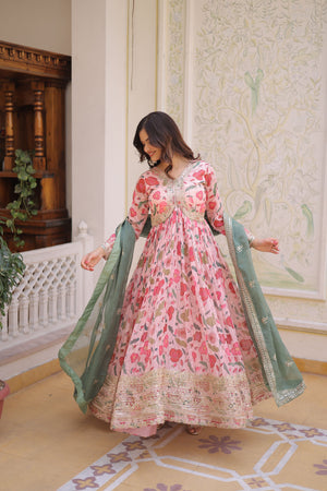 Wedding wear printed gown with zari work