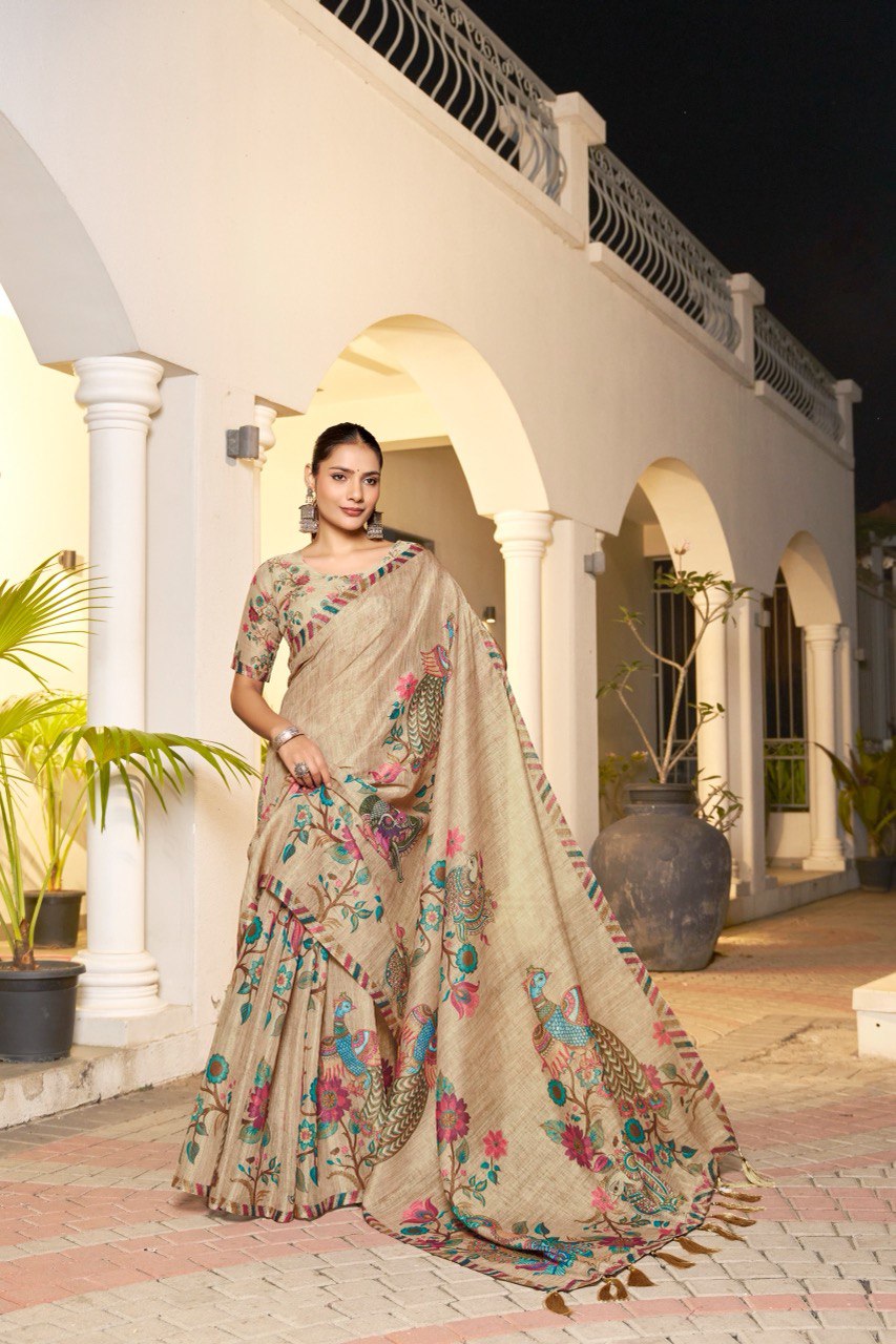 Peacock motif printed handloom saree for women