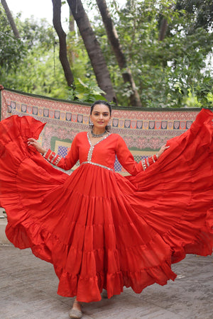 Roman fabric gown with mirror lace work and frill stitching
