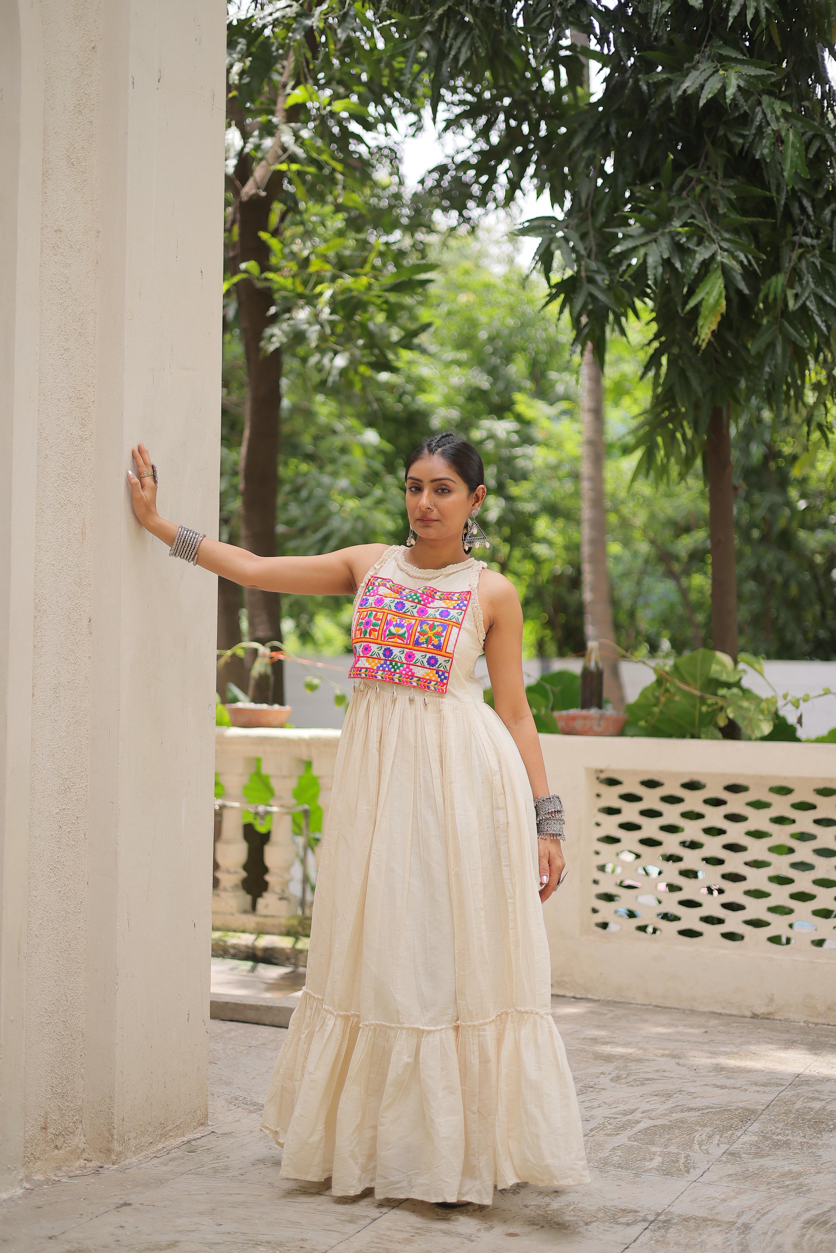 Off-white Kora Cotton Navratri gown full front view