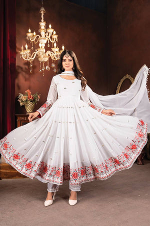 Luxury White Anarkali dress set with pants and embroidered dupatta