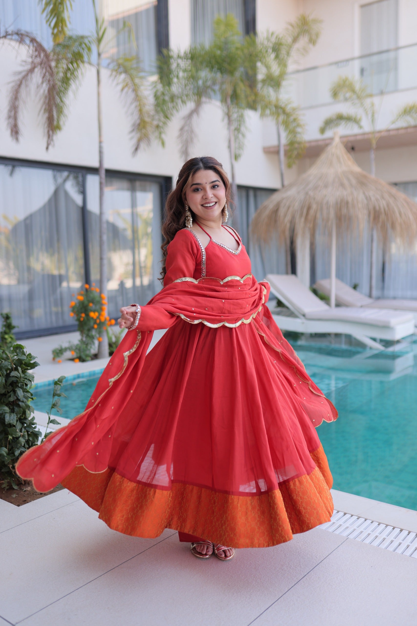 Mirror lace work red anarkali dress