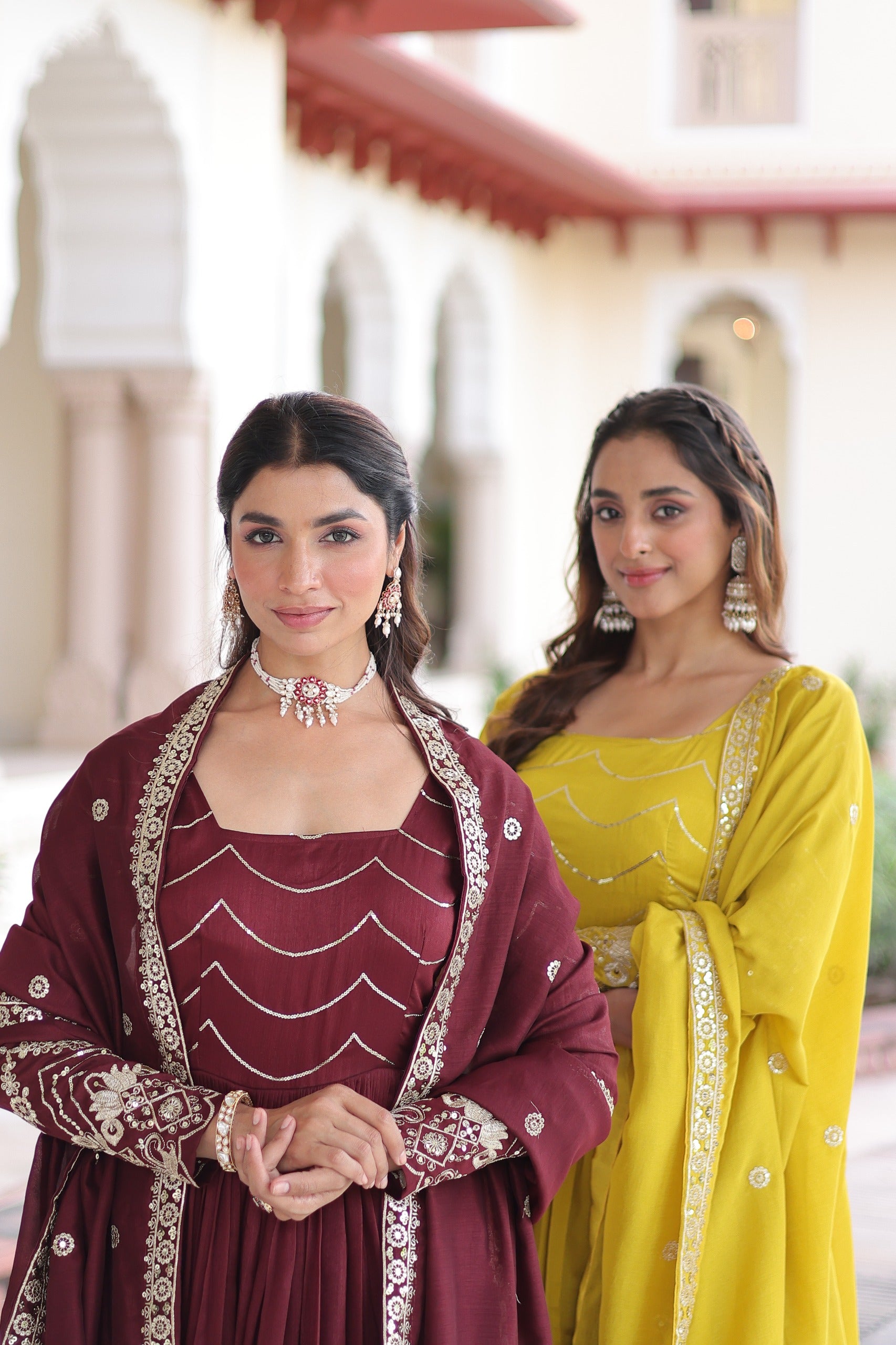 yellow and maroon color Wedding gown in Vichitra Silk with sequins work and full sleeves