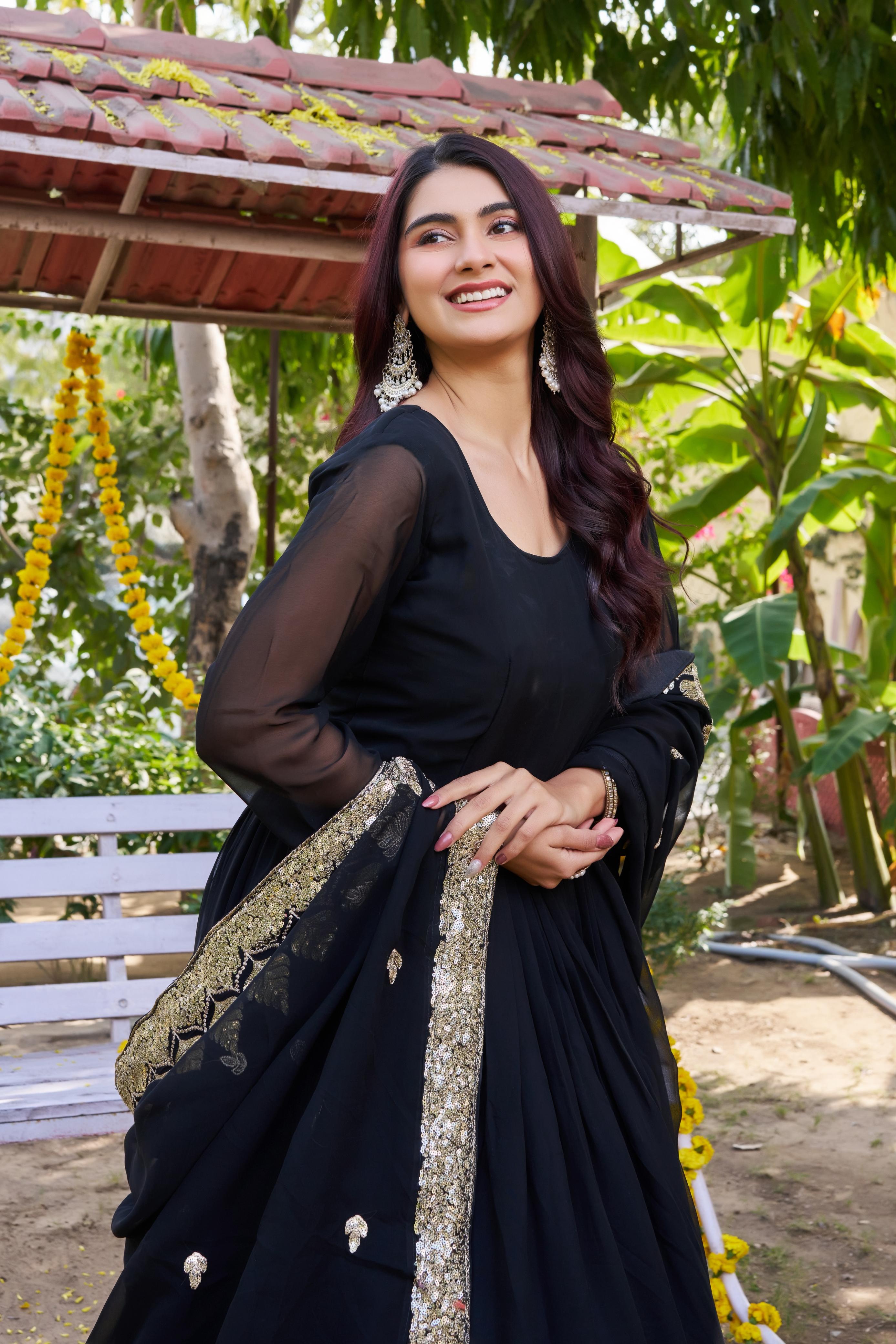 Faux georgette gown with sequin border detail