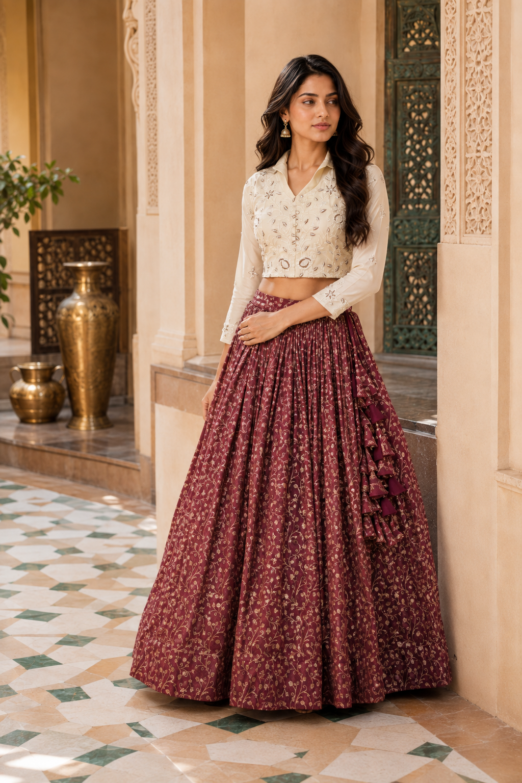 Wine maroon lehenga with gold floral pattern