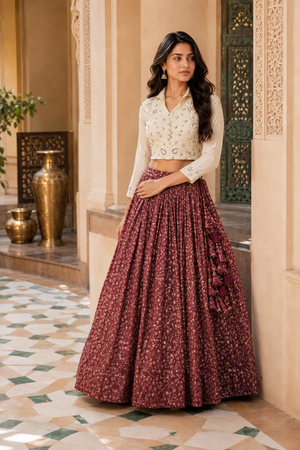Wine maroon lehenga with gold floral pattern